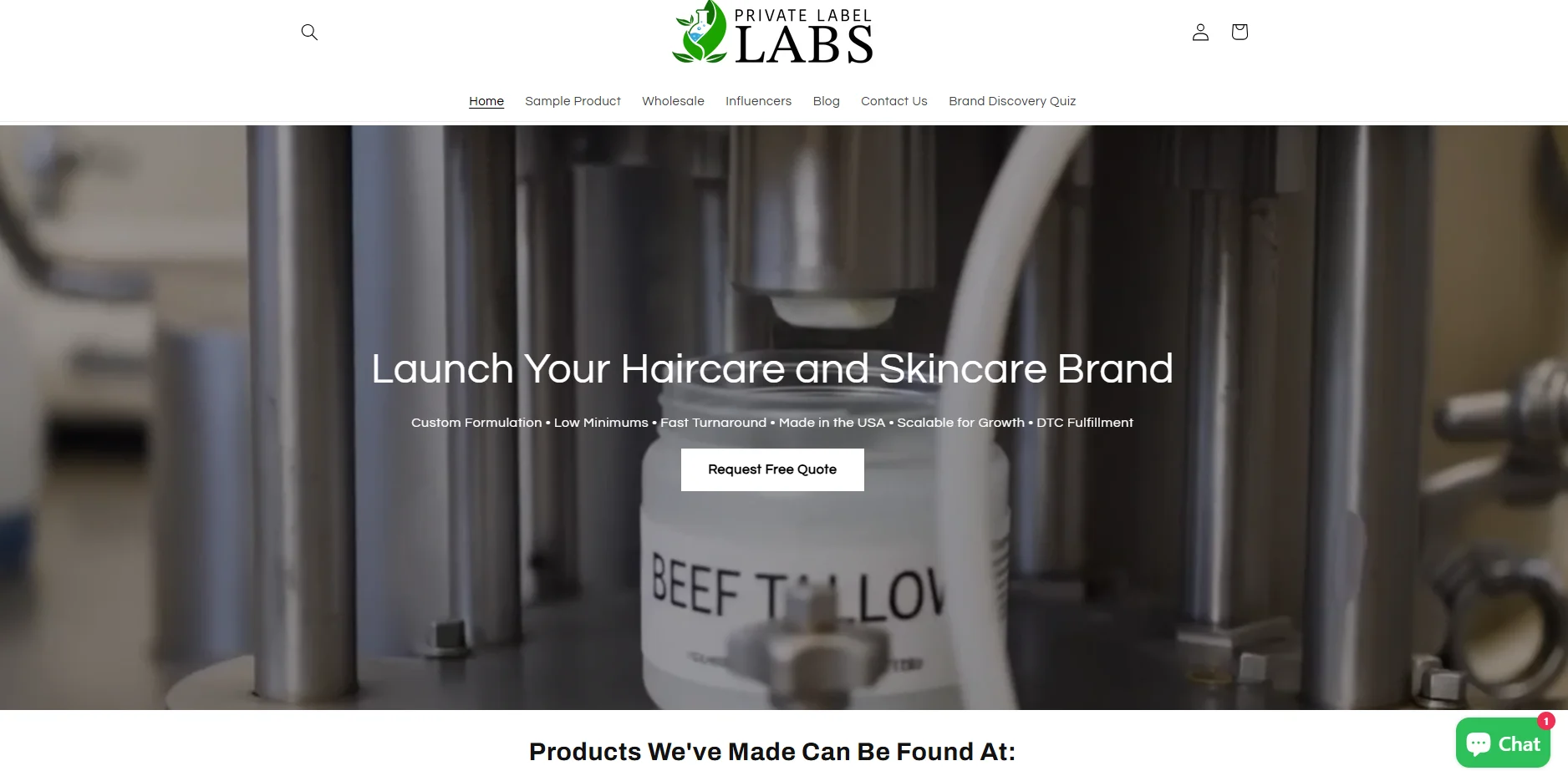 Private Label Labs homepage with a focus on a beef tallow product packaging under machinery. Text offers to launch haircare and skincare brand.